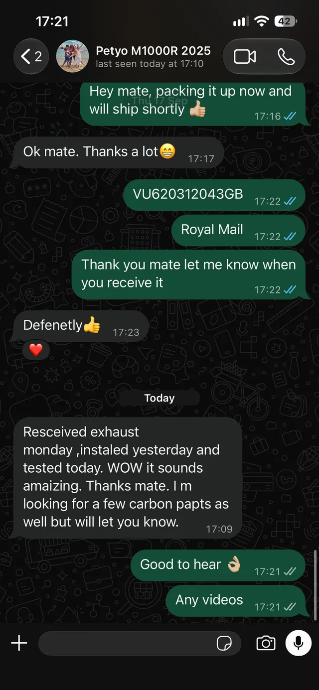 Customer WhatsApp screenshot — Petyo M1000R 2025