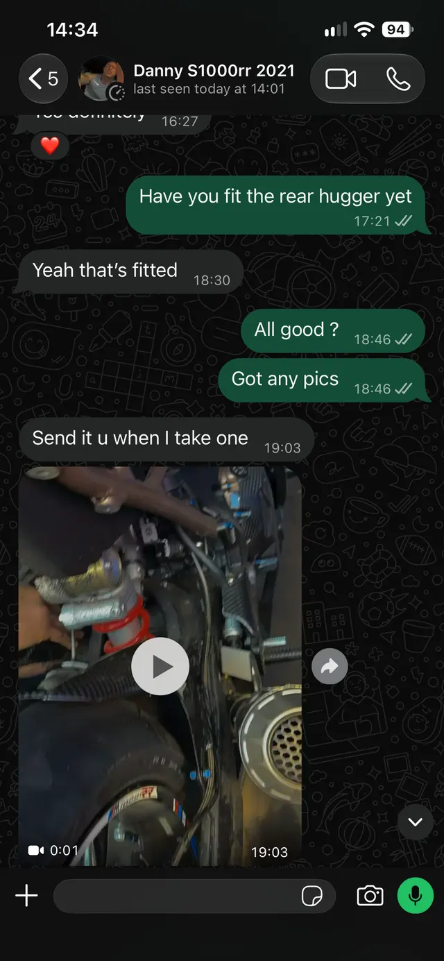 Customer WhatsApp screenshot — Danny S1000RR 2021
