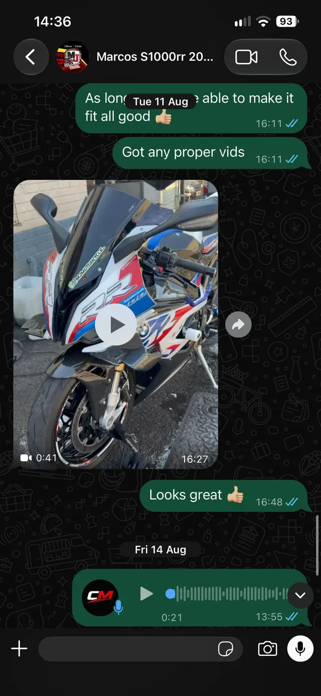 Customer WhatsApp screenshot — Marcos S1000RR