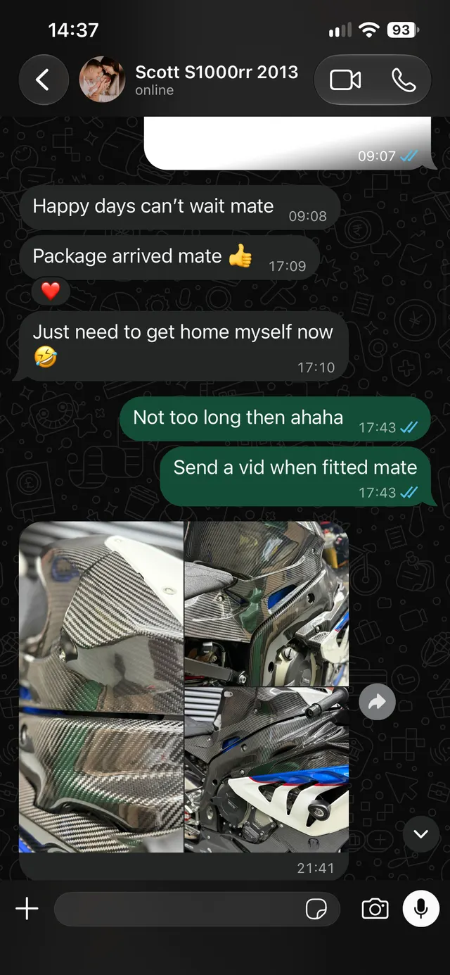 Customer WhatsApp screenshot — Scott S1000RR 2013