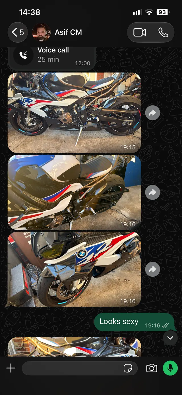 Customer WhatsApp screenshot — Asif S1000RR