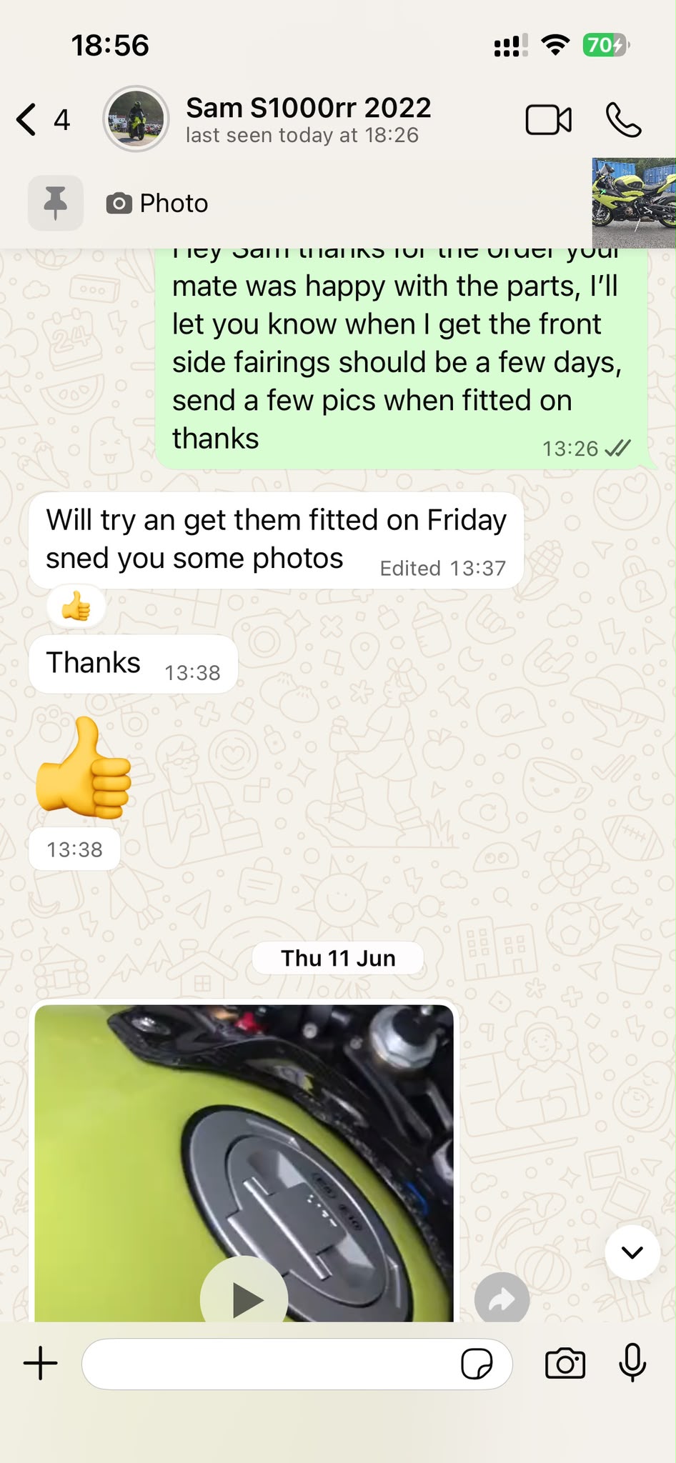 Customer WhatsApp screenshot — Sam S1000RR