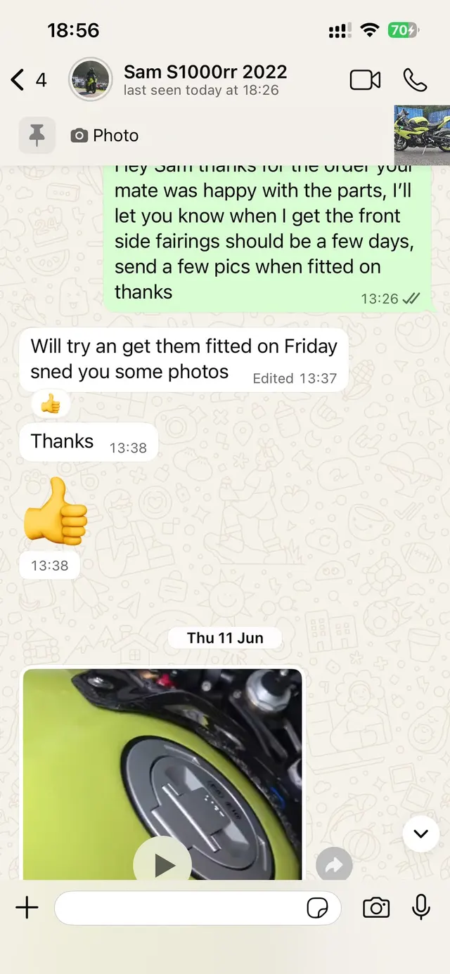 Customer WhatsApp screenshot — Sam S1000RR