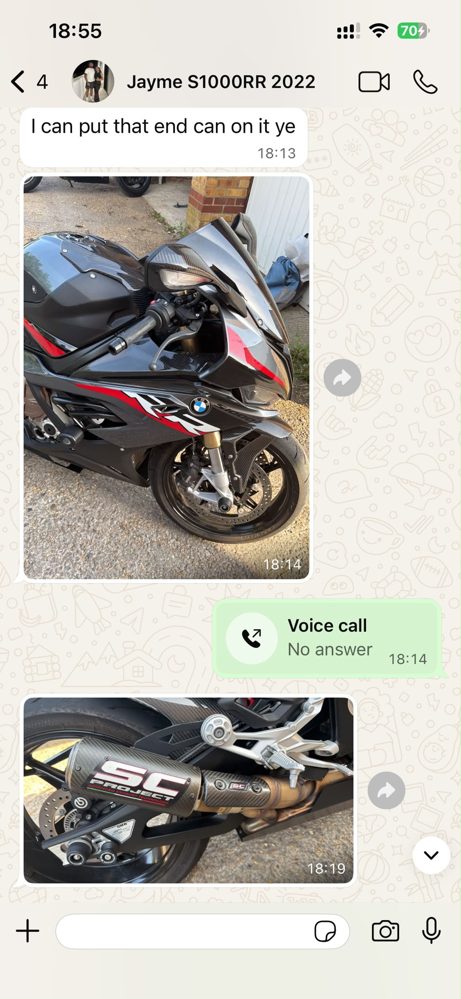 Customer WhatsApp screenshot — Jayme S1000RR
