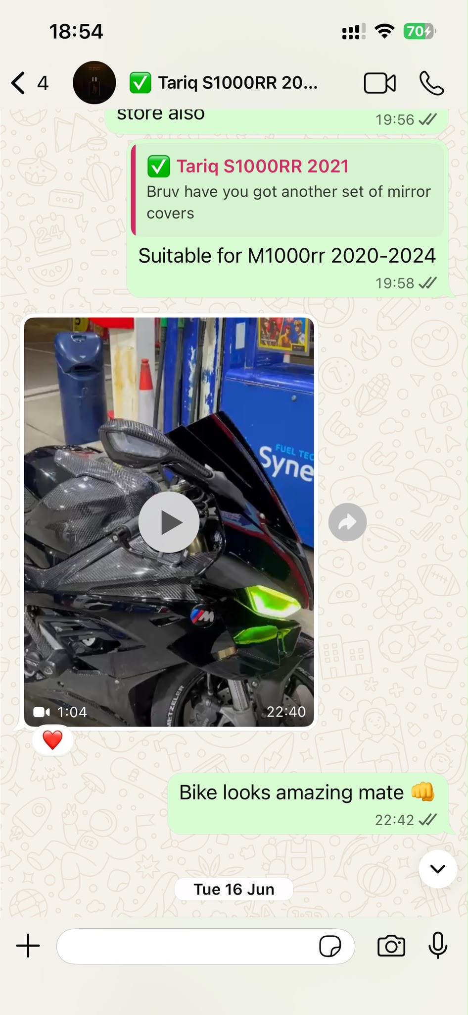 Customer WhatsApp screenshot — Tariq S1000RR