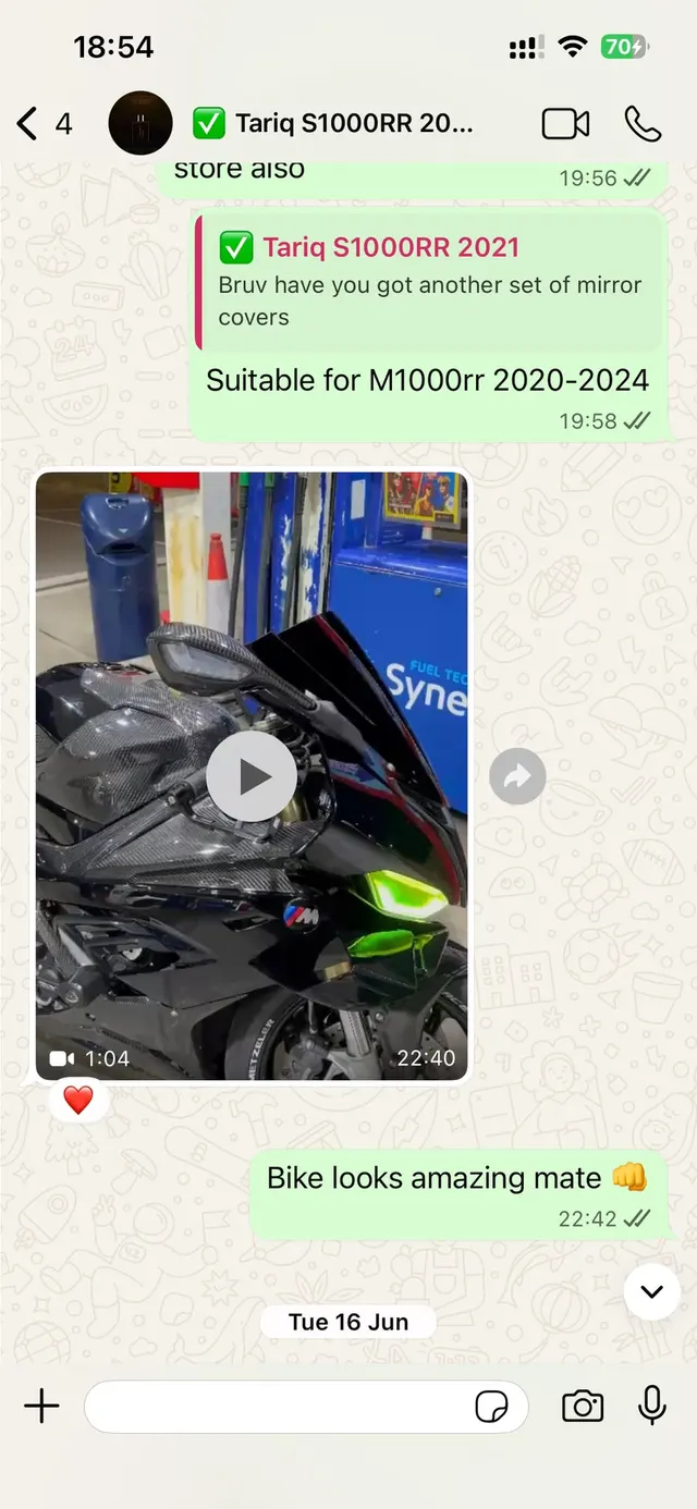 Customer WhatsApp screenshot — Tariq S1000RR