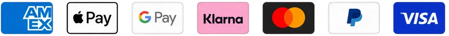 We accept American Express, Apple Pay, Google Pay, Klarna, Mastercard, PayPal and Visa